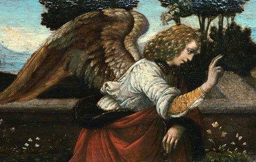 Annunciazione 598, uno degli studi di Leonardo da Vinci, con particolare attenzione al dettaglio dell'Arcangelo Gabriele, che mostra il modello giovanile utilizzato da Leonardo, simile all'autoritratto giovanile