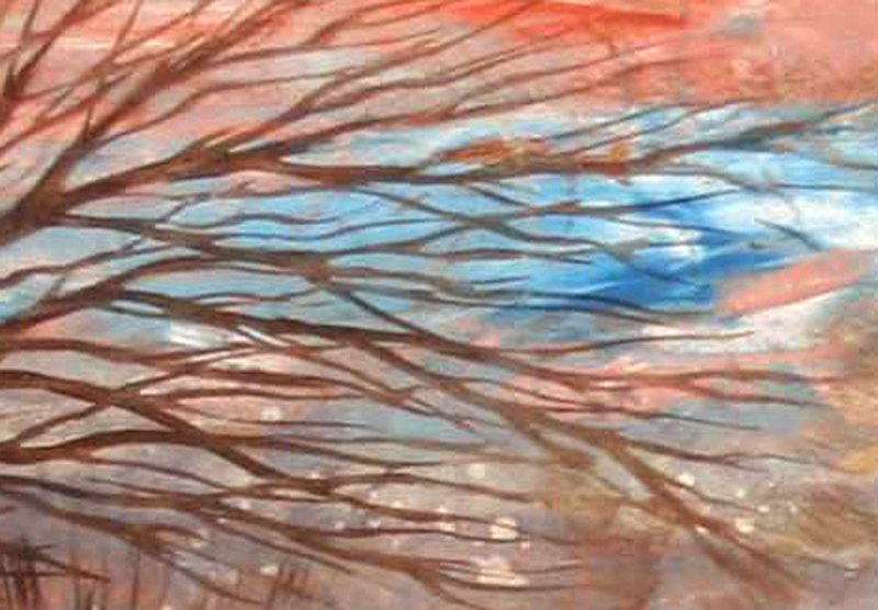 Dettaglio di Bohemian Landscape di Egon Schiele, gouache su cartone, 1910-1911, con alberi spogli e colori autunnali