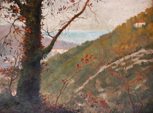 Dipinto di Vincent van Gogh, Veduta di Arles da Montmajour (1888): paesaggio al tramonto con campi dorati, alberi contorti, case rurali e cielo provenzale.