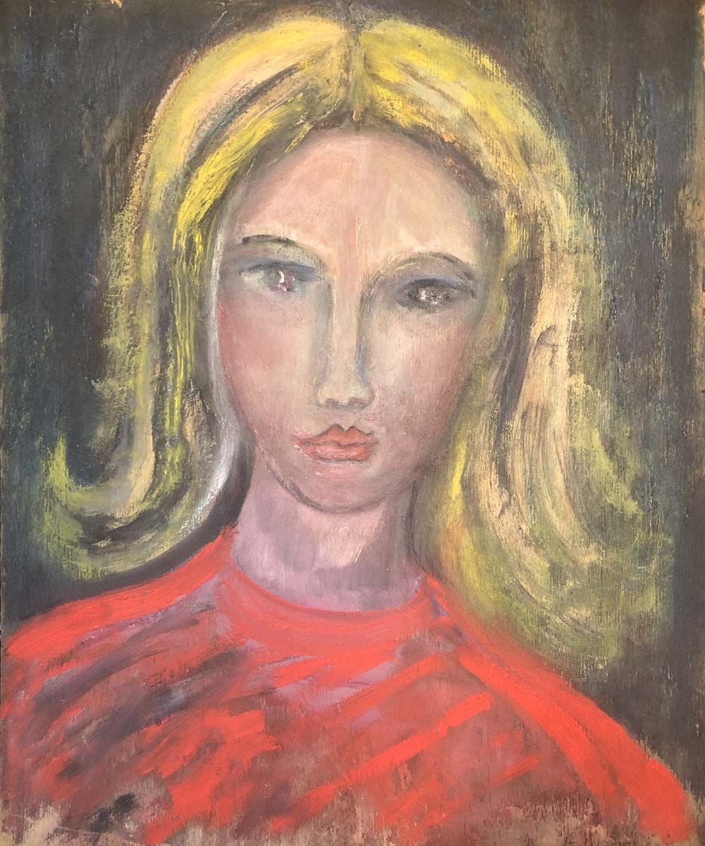 Dipinto Ritratto di ragazza in rosso di Amedeo Modigliani, olio su tavola. Figura femminile con maglia rossa, capelli biondi e volto ovale, stile 1908–1911.