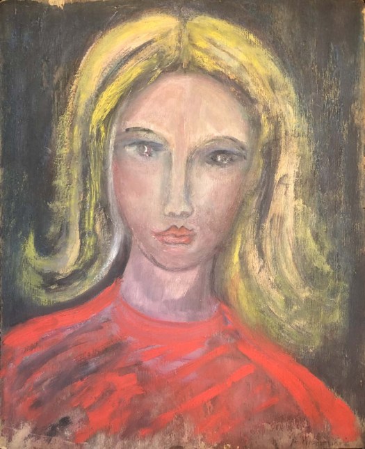 Dipinto Ritratto di ragazza in rosso di Amedeo Modigliani, olio su tavola. Figura femminile con maglia rossa, capelli biondi e volto ovale, stile 1908–1911.