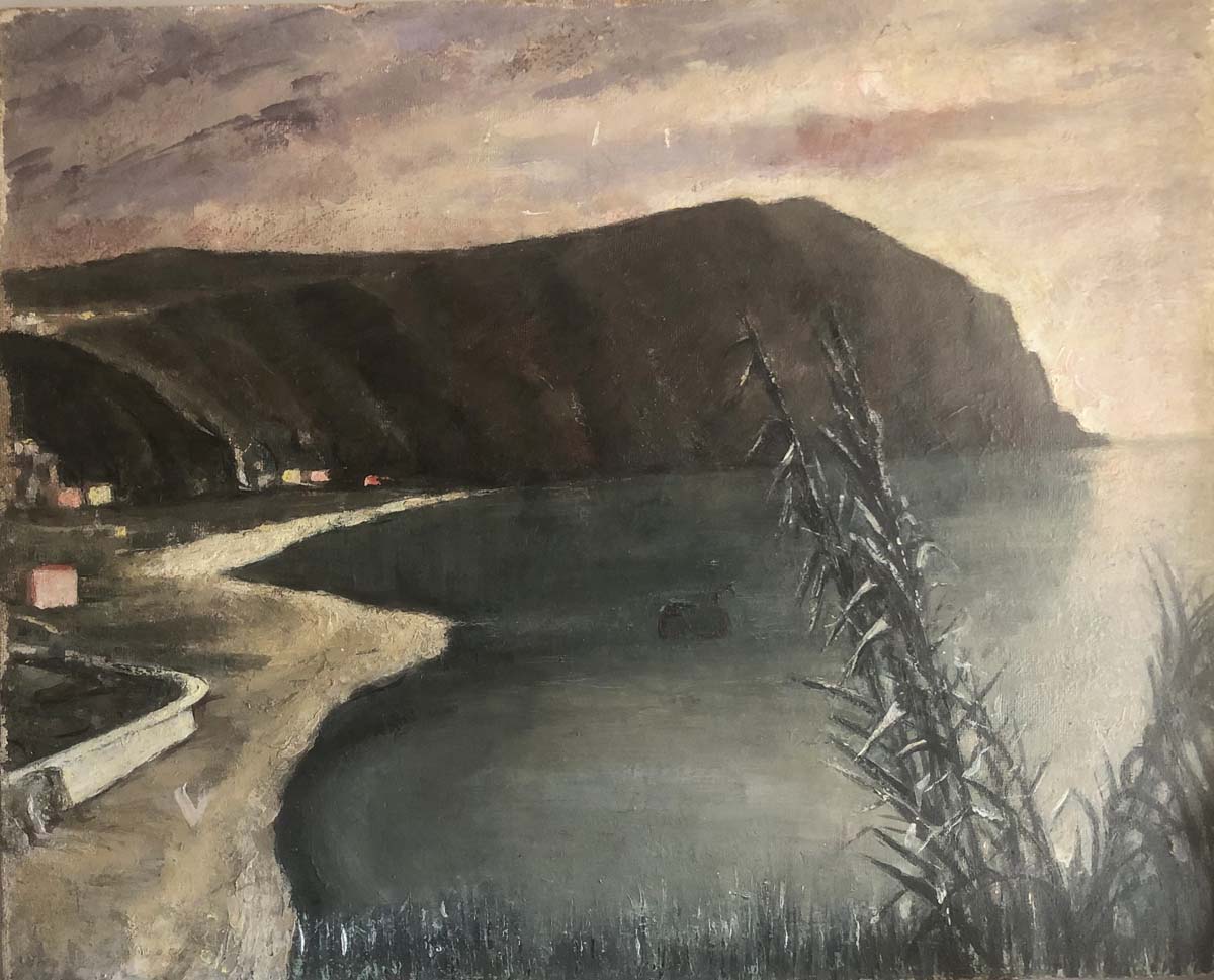 Paesaggio dell’anima di Egon Schiele, Promontorio di Trieste 1906: veduta costiera con mare verde, cielo crepuscolare rosso sangue e albero di pino