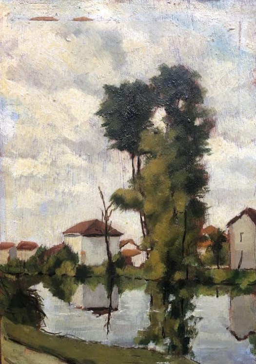 Egon Schiele, olio su tavola 1907–1908, paesaggio fluviale con albero isolato, case dai tetti rossi e riflessi d’acqua tra Krumau e il Danubio