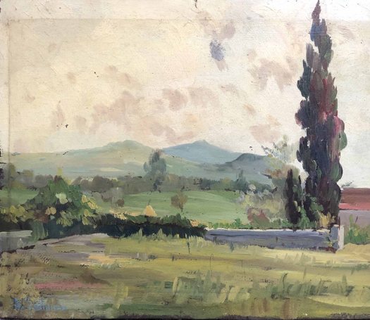 Landscape with Tree and Hills di Egon Schiele, olio su cartone 1907, paesaggio naturalista dalle colline della Bassa Austria