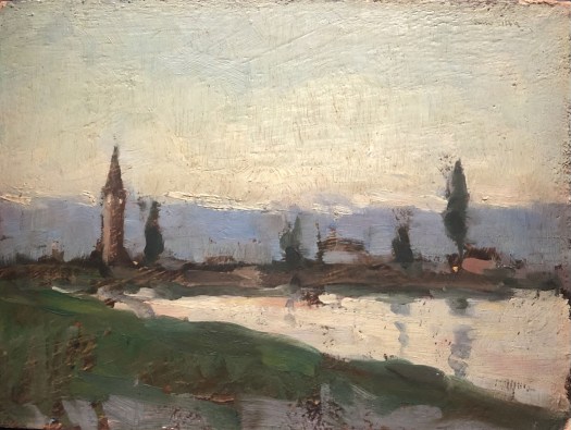 Paesaggio costiero al tramonto attribuito a Pablo Ruiz Picasso, studio giovanile fine Ottocento