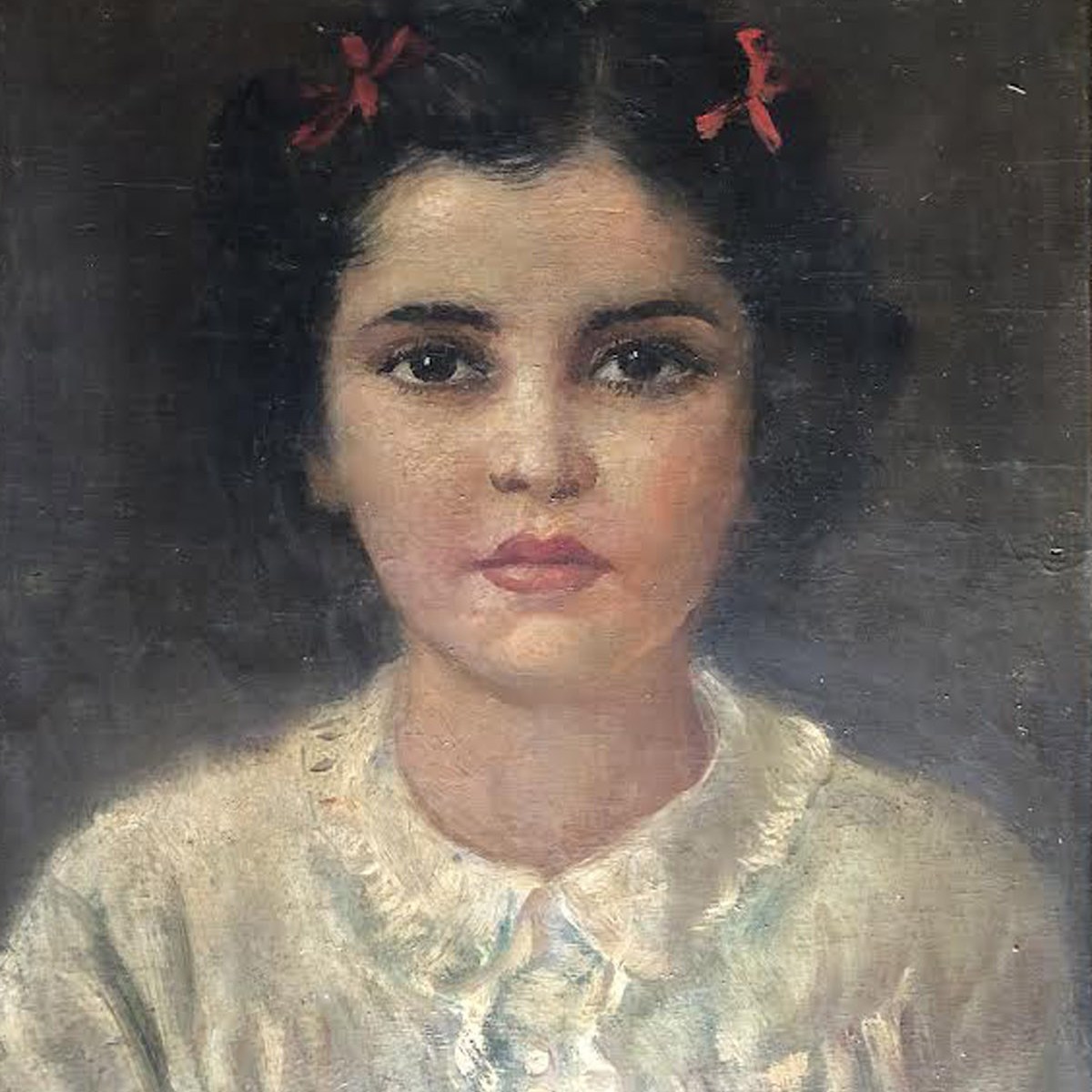 Ritratto giovanile di Lola Picasso con chiocche rosse,olio su tavola, Malaga 1893-1894